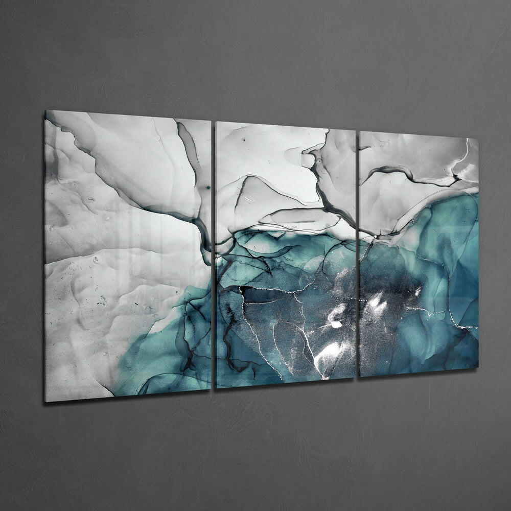 Teal Gray Marble Triptych Glass Wall Art