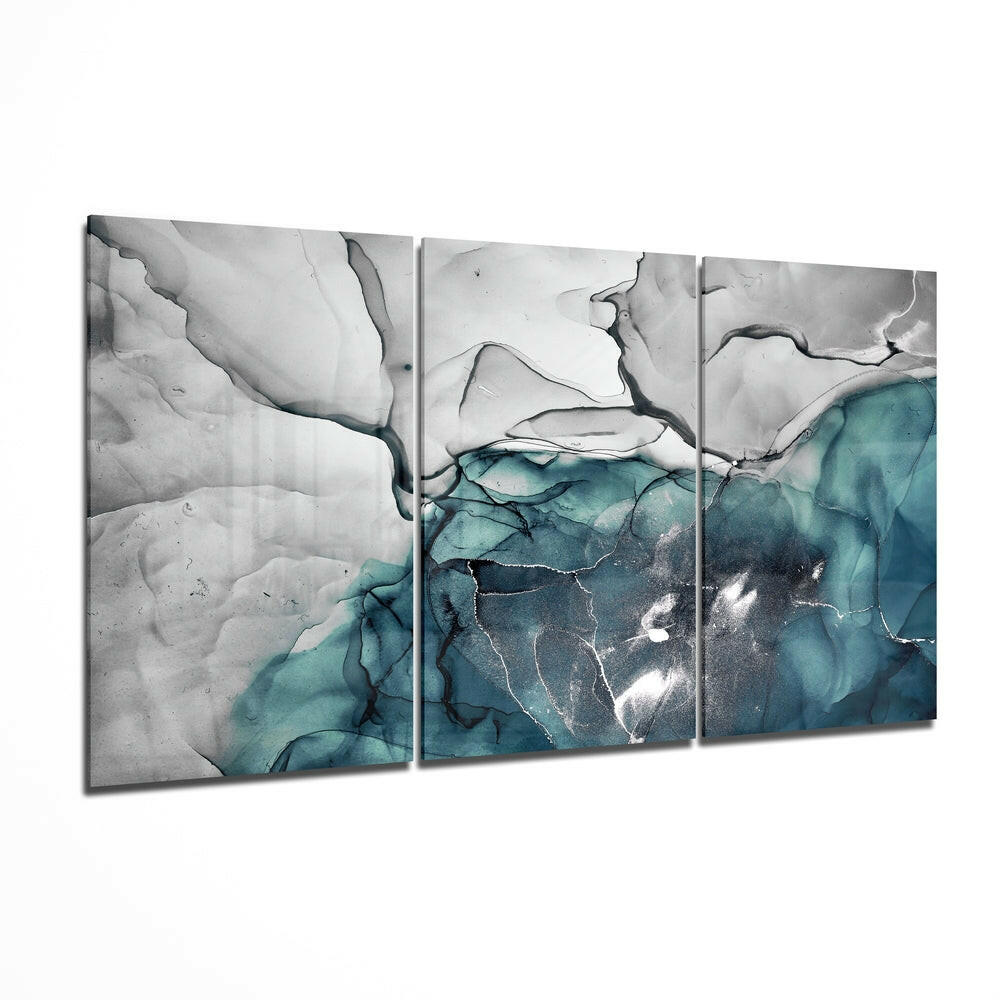 Teal Gray Marble Triptych Glass Wall Art