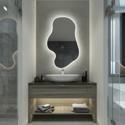 LED Bathroom Mirror Asymmetrical Shape – Modern Organic Backlit Wall Mirror with Warm & Cool Light