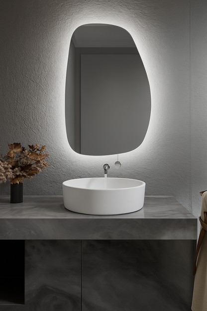 LED Bathroom Mirror Asymmetrical Design – Modern Backlit Wall Mirror with Dimmable Warm & Cool Light