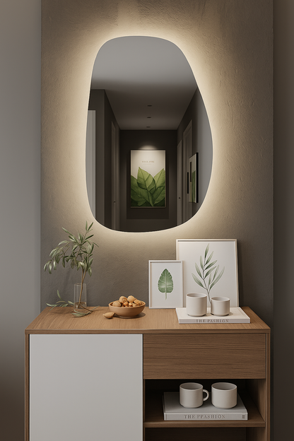 LED Bathroom Mirror Asymmetrical Design – Modern Backlit Wall Mirror with Dimmable Warm & Cool Light