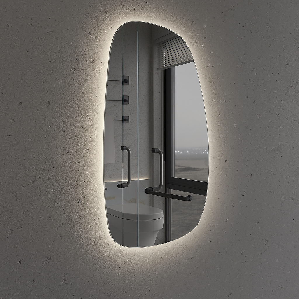 LED Bathroom Mirror Asymmetrical Design – Modern Backlit Wall Mirror with Dimmable Warm & Cool Light