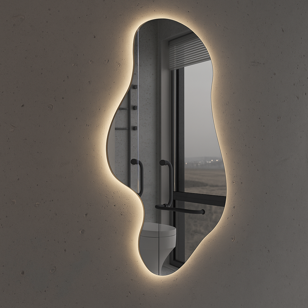 LED Bathroom Mirror Asymmetrical Shape – Modern Organic Backlit Wall Mirror with Warm & Cool Light