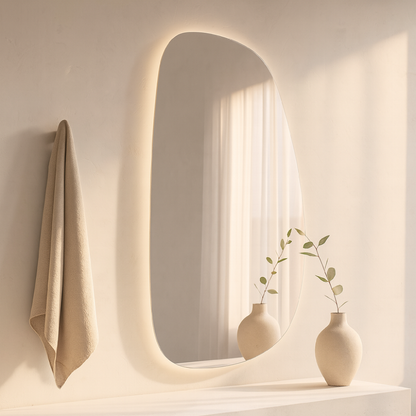LED Bathroom Mirror Asymmetrical Design – Modern Backlit Wall Mirror with Dimmable Warm & Cool Light