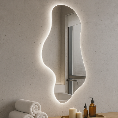 LED Bathroom Mirror Asymmetrical Shape – Modern Organic Backlit Wall Mirror with Warm & Cool Light