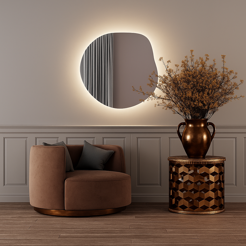 LED Bathroom Mirror Irregular Shape – Modern Asymmetrical Backlit Wall Mirror | Dimmable Warm & Cool Light (3000K–6500K)