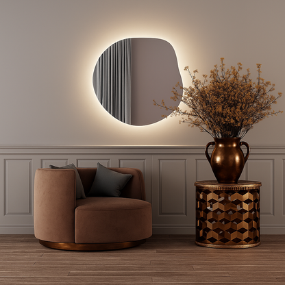 LED Bathroom Mirror Irregular Shape – Modern Asymmetrical Backlit Wall Mirror | Dimmable Warm & Cool Light (3000K–6500K)