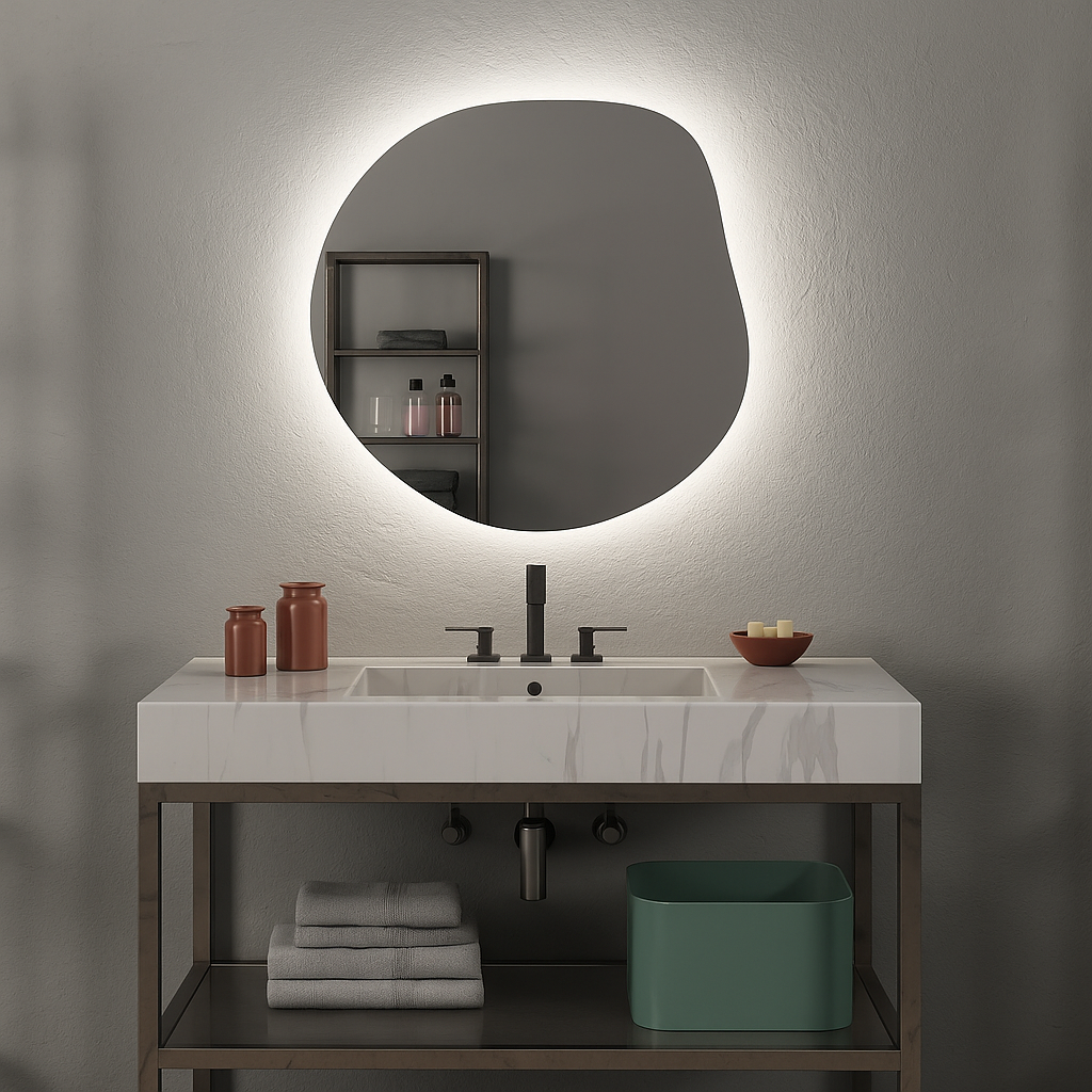 LED Bathroom Mirror Irregular Shape – Modern Asymmetrical Backlit Wall Mirror | Dimmable Warm & Cool Light (3000K–6500K)