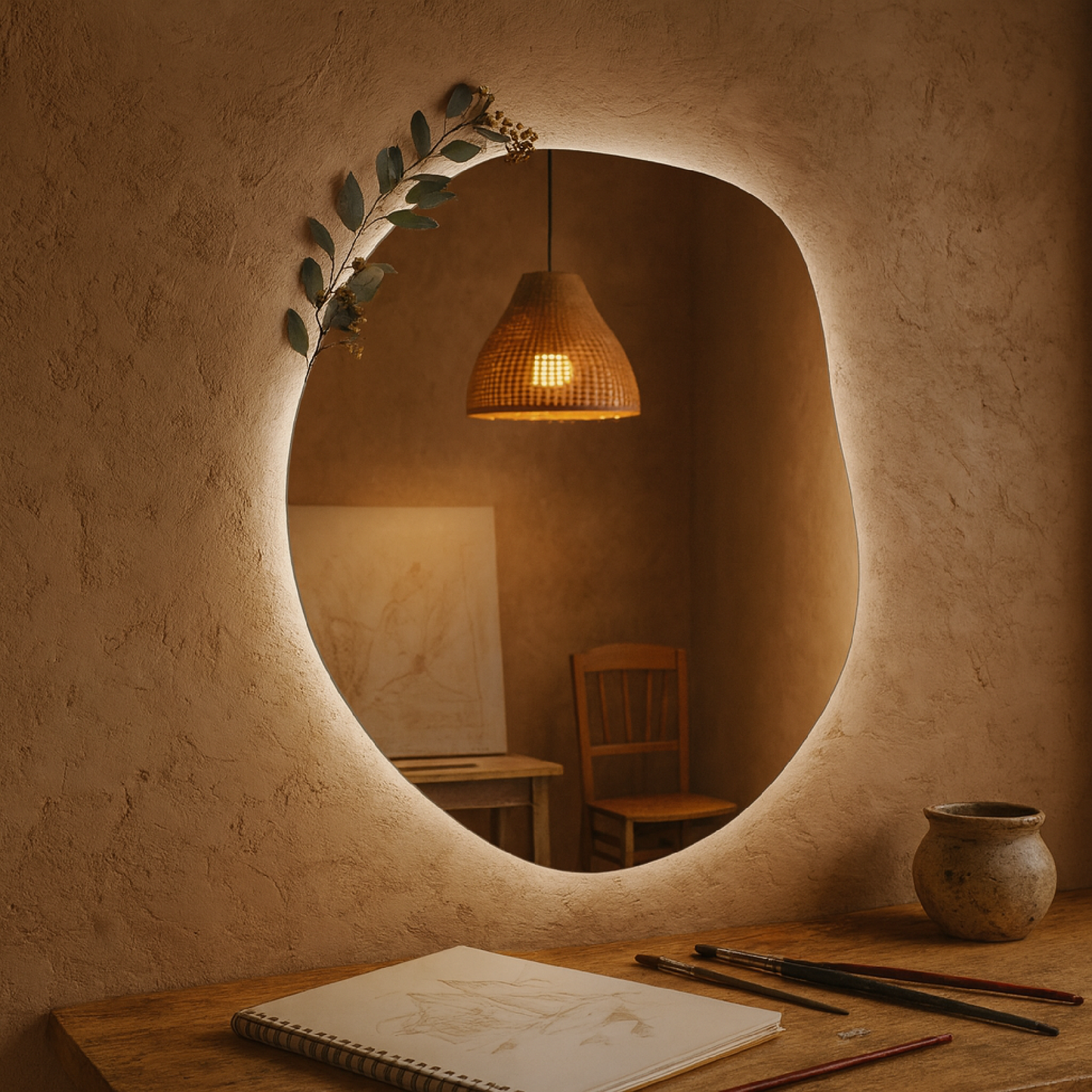 LED Bathroom Mirror Irregular Shape – Modern Asymmetrical Backlit Wall Mirror | Dimmable Warm & Cool Light (3000K–6500K)