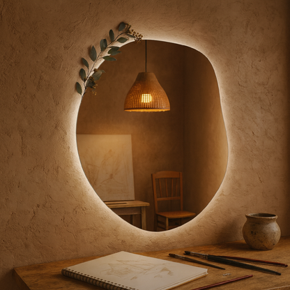 LED Bathroom Mirror Irregular Shape – Modern Asymmetrical Backlit Wall Mirror | Dimmable Warm & Cool Light (3000K–6500K)