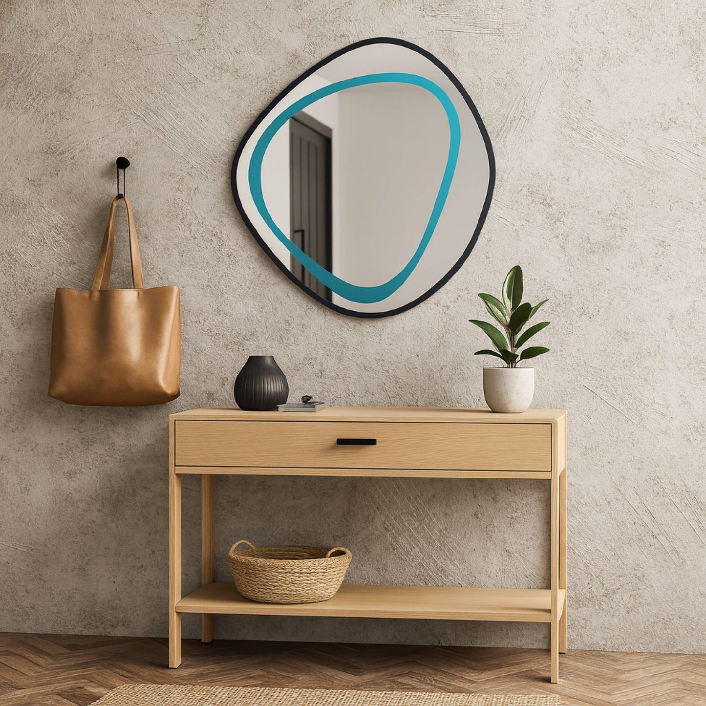Modern Irregular Wall Mirror – Wavy Round Wooden Frame Mirror |Decorative Bathroom & Living Room Mirror