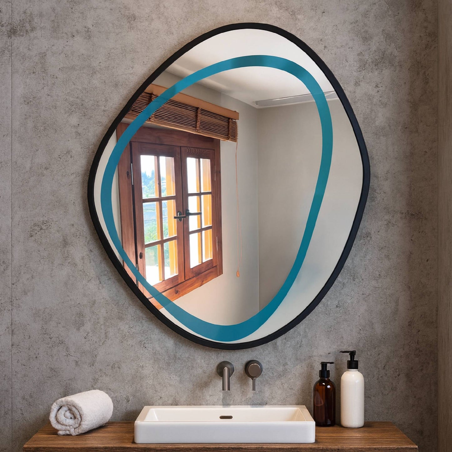 Modern Irregular Wall Mirror – Wavy Round Wooden Frame Mirror |Decorative Bathroom & Living Room Mirror