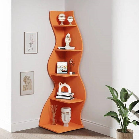Modern Wave Shape 5 Shelf Corner Bookcase | Orange Wood Storage Unit for Office & Living Room