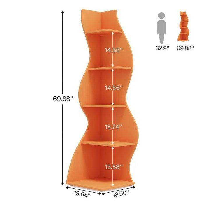 Modern Wave Shape 5 Shelf Corner Bookcase | Orange Wood Storage Unit for Office & Living Room
