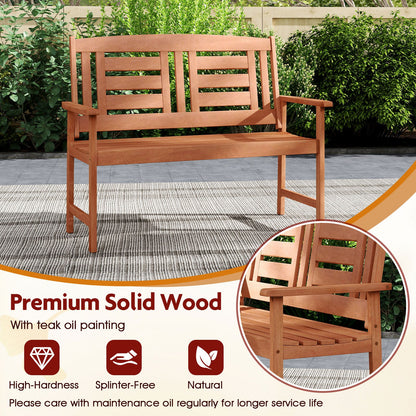Outdoor Solid Wood Loveseat Hardwood 2-Seat Bench with Inclined Backrest and Slatted Seat