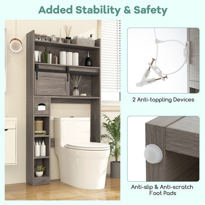 Over The Toilet Storage Cabinet with Sliding Barn Door and Adjustable Shelves-Gray