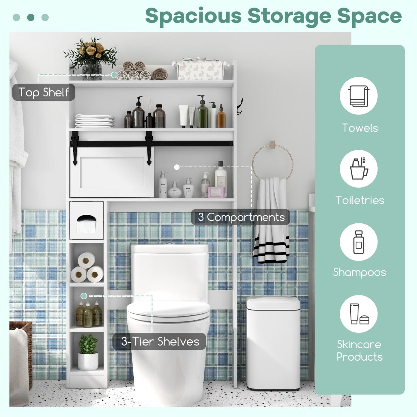 Over The Toilet Storage Cabinet with Sliding Barn Door and Adjustable Shelves-White
