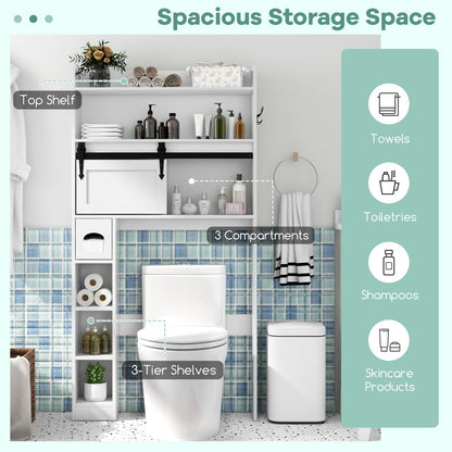 Over The Toilet Storage Cabinet with Sliding Barn Door and Adjustable Shelves-White
