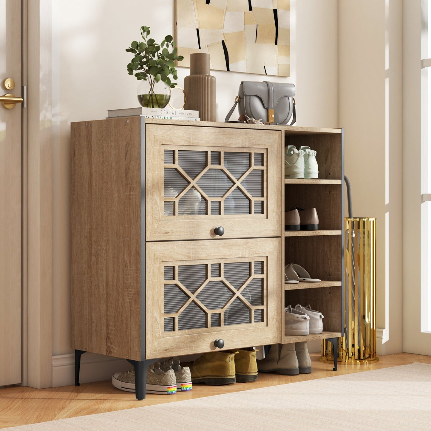 Rustic Shoe Cabinet with Flip-up See-through Doors and Adjustable Shelves-Oak