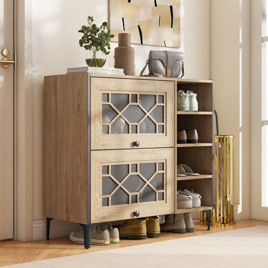 Rustic Shoe Cabinet with Flip-up See-through Doors and Adjustable Shelves-Oak