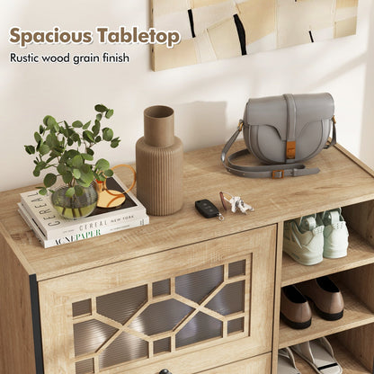 Rustic Shoe Cabinet with Flip-up See-through Doors and Adjustable Shelves-Oak