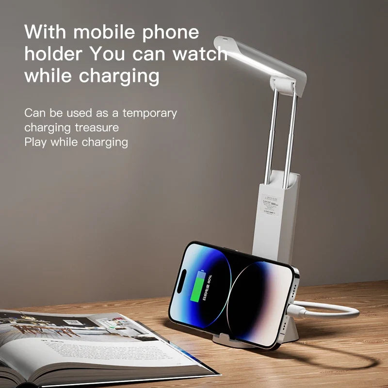 Folding LED Desk Lamp with 3 Speed Dimming Eye Protection USB Charging Book Light with Flashlight And Phone Holder Function
