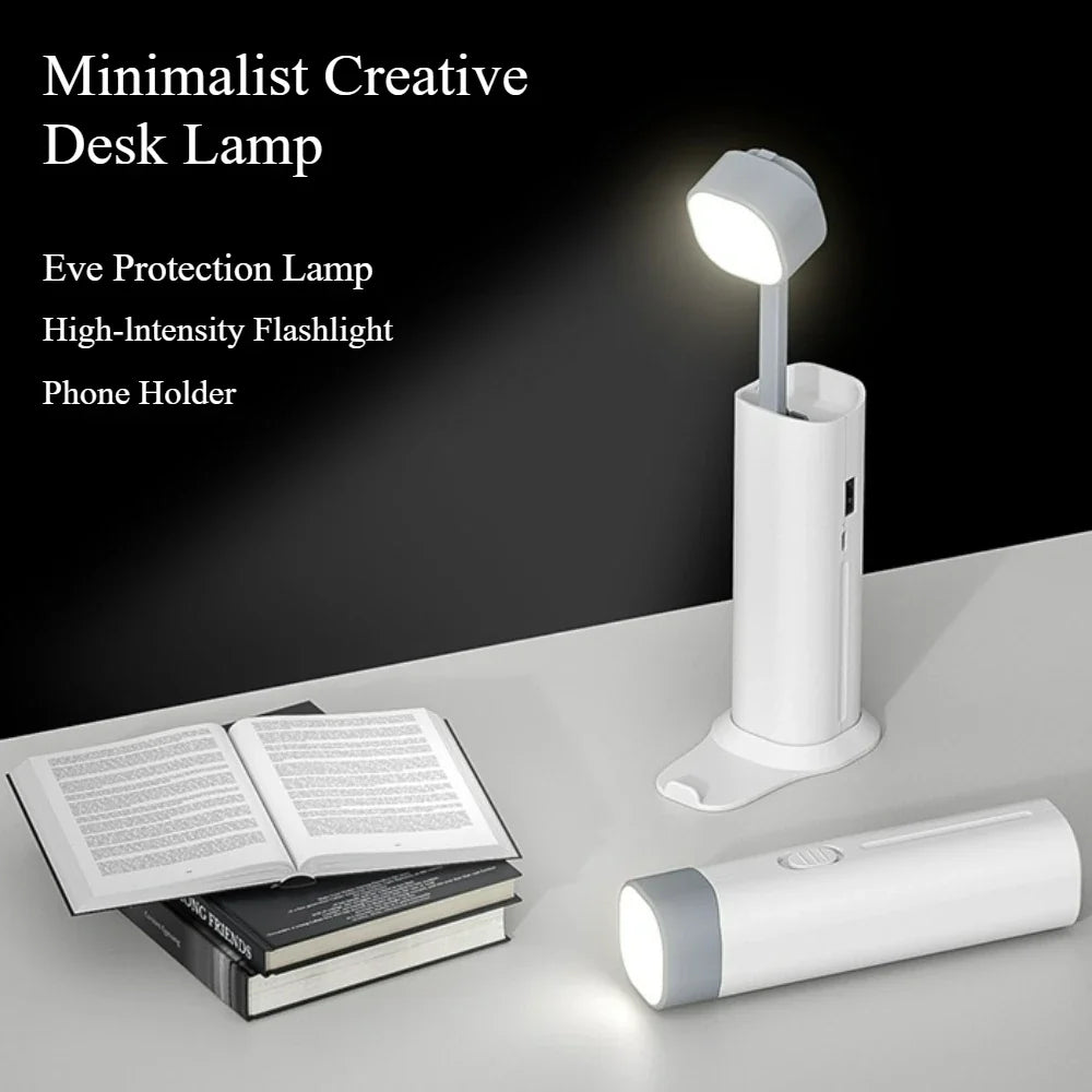 Folding LED Desk Lamp with 3 Speed Dimming Eye Protection USB Charging Book Light with Flashlight And Phone Holder Function