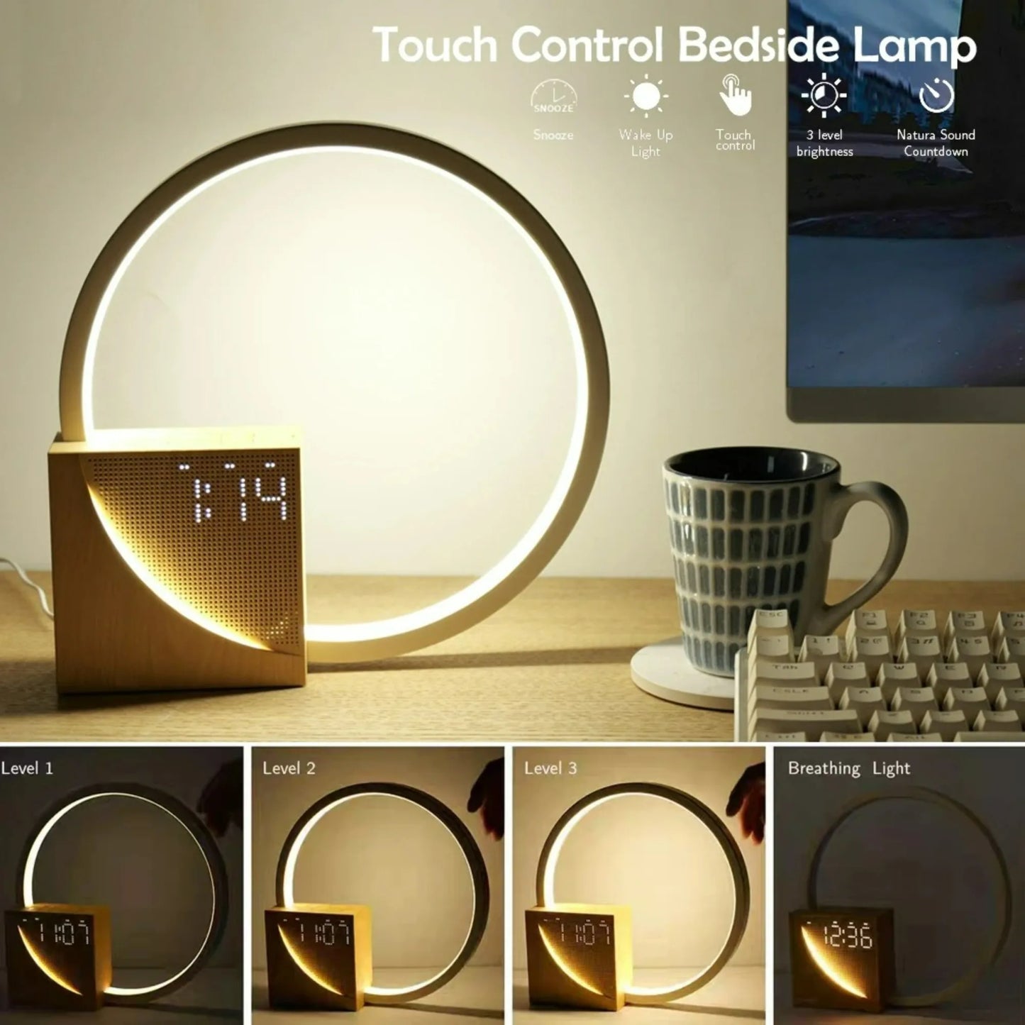 Alarm Clock Wake Up Night Light Phone Charging with White Noise Timing 3 Level Dimmable Touch Table Lamp for Bedroom Beside Lamp