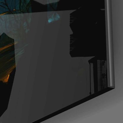 Misty Teal River Boat Golden Glow Glass Wall Art
