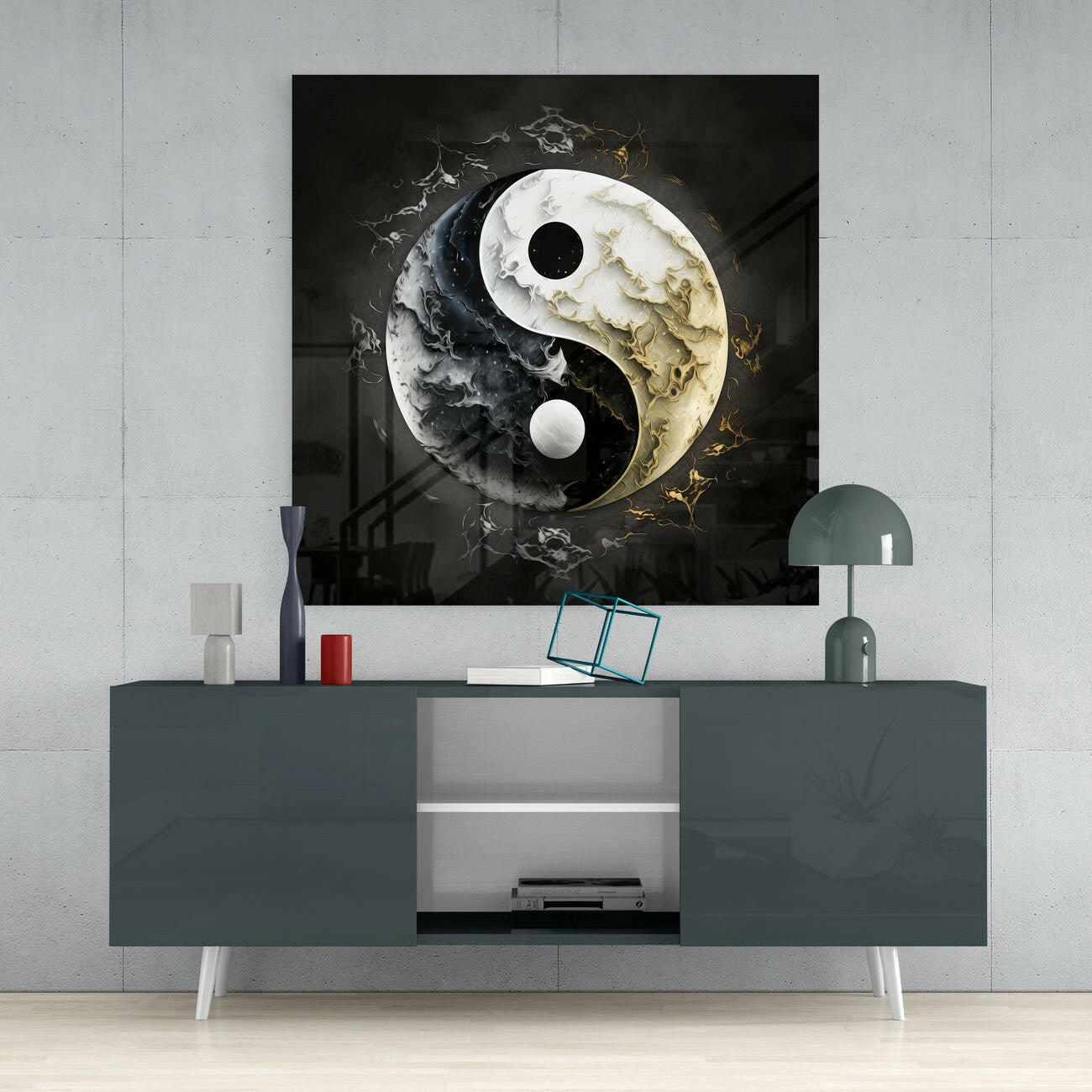 Marbled Black White Yin Yang Glass Wall Art