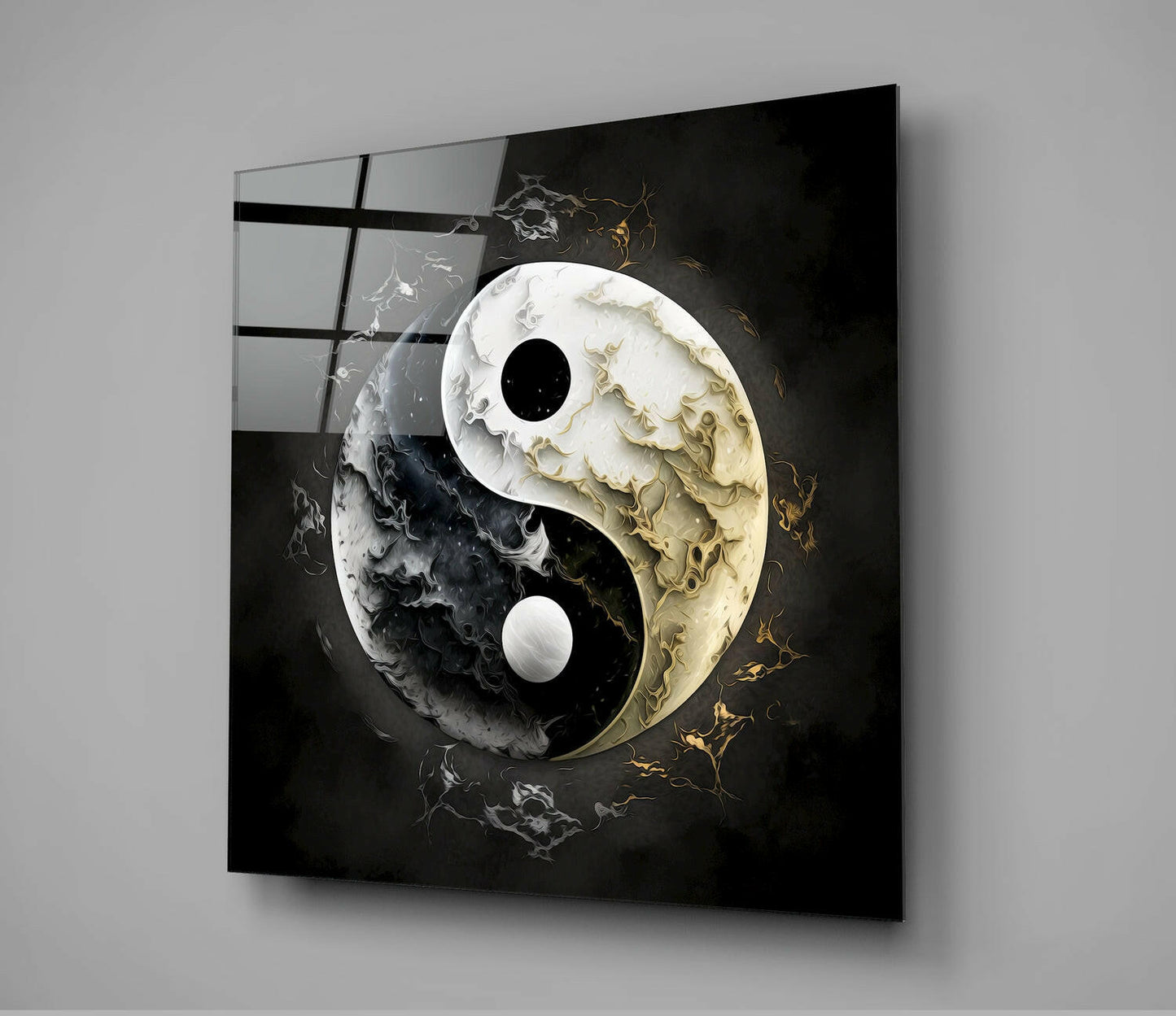 Marbled Black White Yin Yang Glass Wall Art