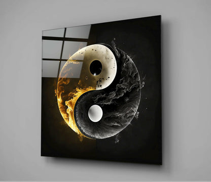 Golden Flame And Smoke Yin Yang Glass Wall Art