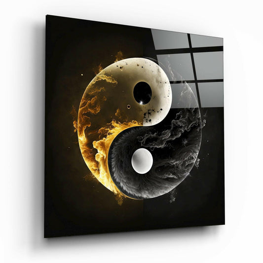 Golden Flame And Smoke Yin Yang Glass Wall Art