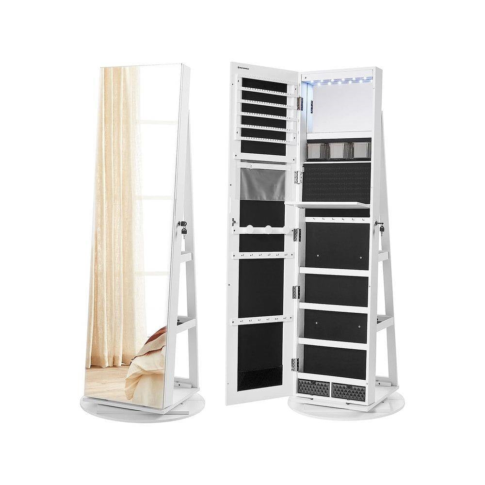White Jewelry Cabinet Armoire - Rotating Mirror Jewelry Organizer | Freestanding Storage