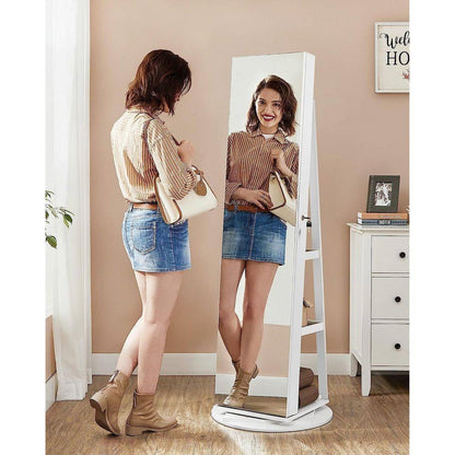 White Jewelry Cabinet Armoire - Rotating Mirror Jewelry Organizer | Freestanding Storage
