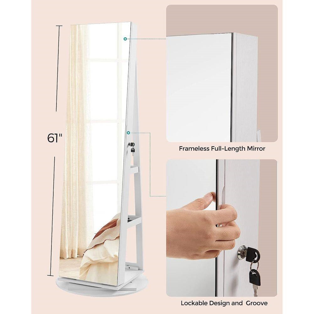 White Jewelry Cabinet Armoire - Rotating Mirror Jewelry Organizer | Freestanding Storage
