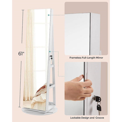 White Jewelry Cabinet Armoire - Rotating Mirror Jewelry Organizer | Freestanding Storage