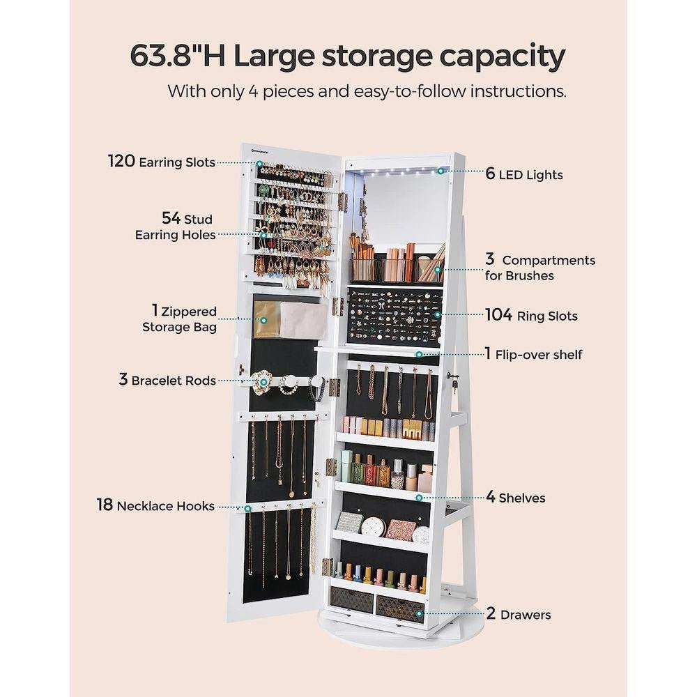 White Jewelry Cabinet Armoire - Rotating Mirror Jewelry Organizer | Freestanding Storage