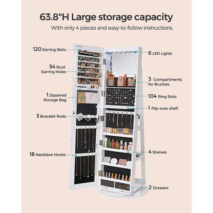 White Jewelry Cabinet Armoire - Rotating Mirror Jewelry Organizer | Freestanding Storage