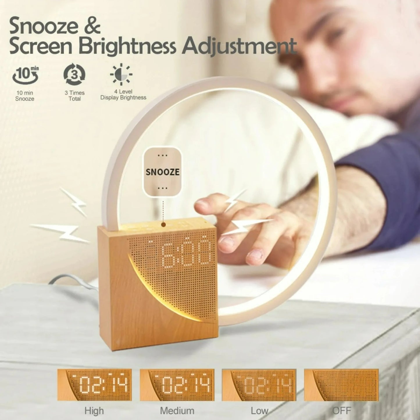 Alarm Clock Wake Up Night Light Phone Charging with White Noise Timing 3 Level Dimmable Touch Table Lamp for Bedroom Beside Lamp