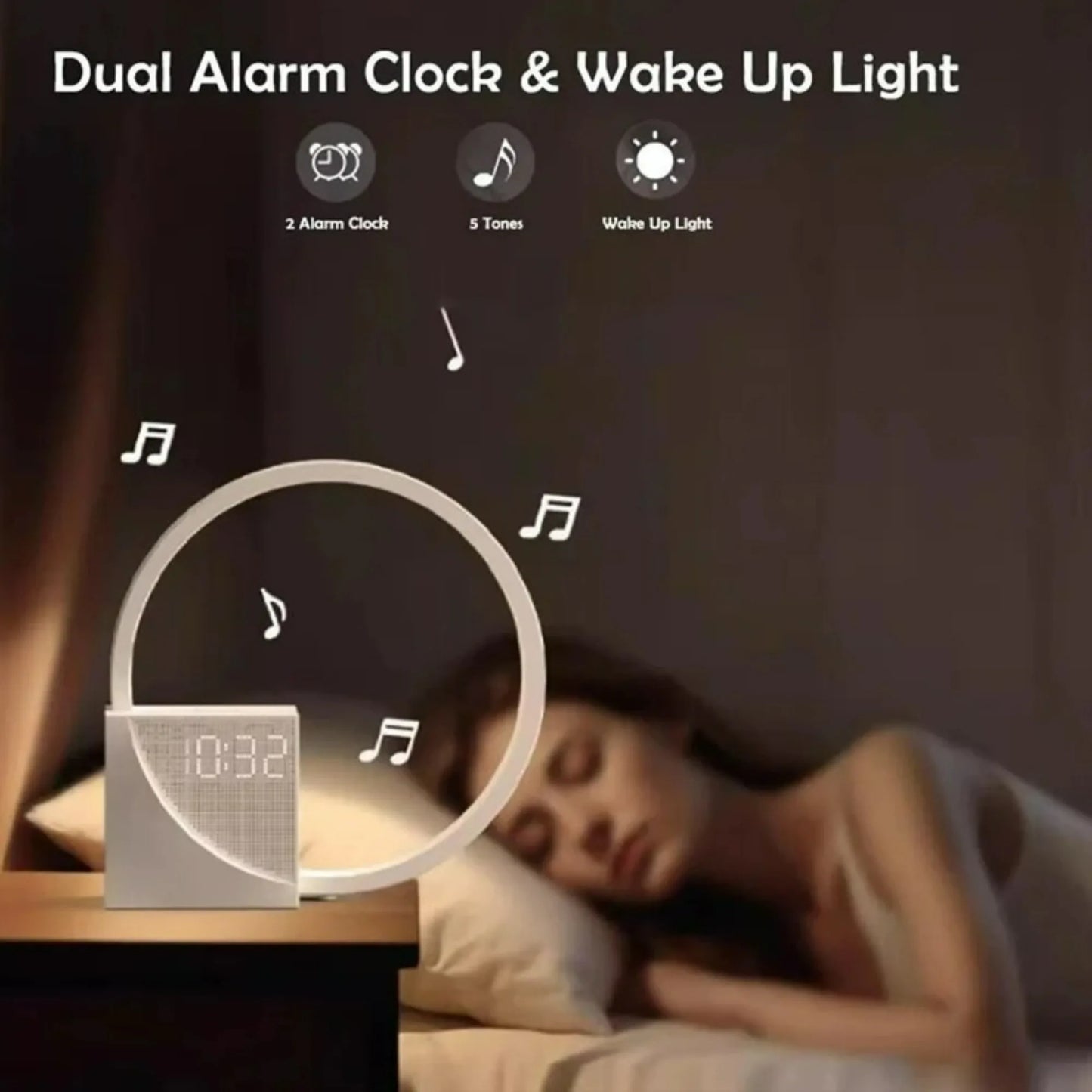Alarm Clock Wake Up Night Light Phone Charging with White Noise Timing 3 Level Dimmable Touch Table Lamp for Bedroom Beside Lamp