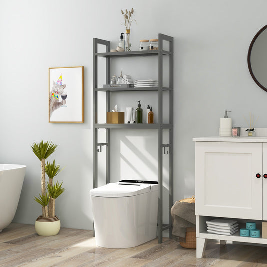 Over Toilet Storage Shelf | Gray Metal Bathroom Organizer with Hooks & 3 Tiers