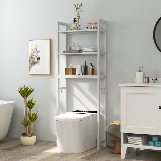 Over Toilet Storage Shelf | White Metal Bathroom Organizer with Hooks & 3 Tiers