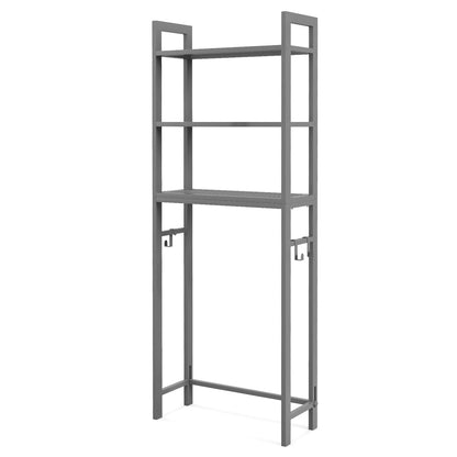 Over Toilet Storage Shelf | Gray Metal Bathroom Organizer with Hooks & 3 Tiers