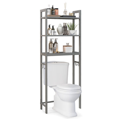 Over Toilet Storage Shelf | Gray Metal Bathroom Organizer with Hooks & 3 Tiers