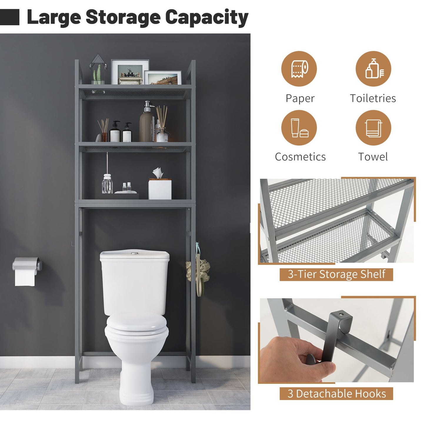 Over Toilet Storage Shelf | Gray Metal Bathroom Organizer with Hooks & 3 Tiers