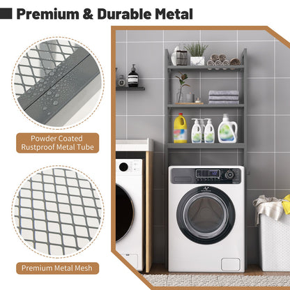 Over Toilet Storage Shelf | Gray Metal Bathroom Organizer with Hooks & 3 Tiers