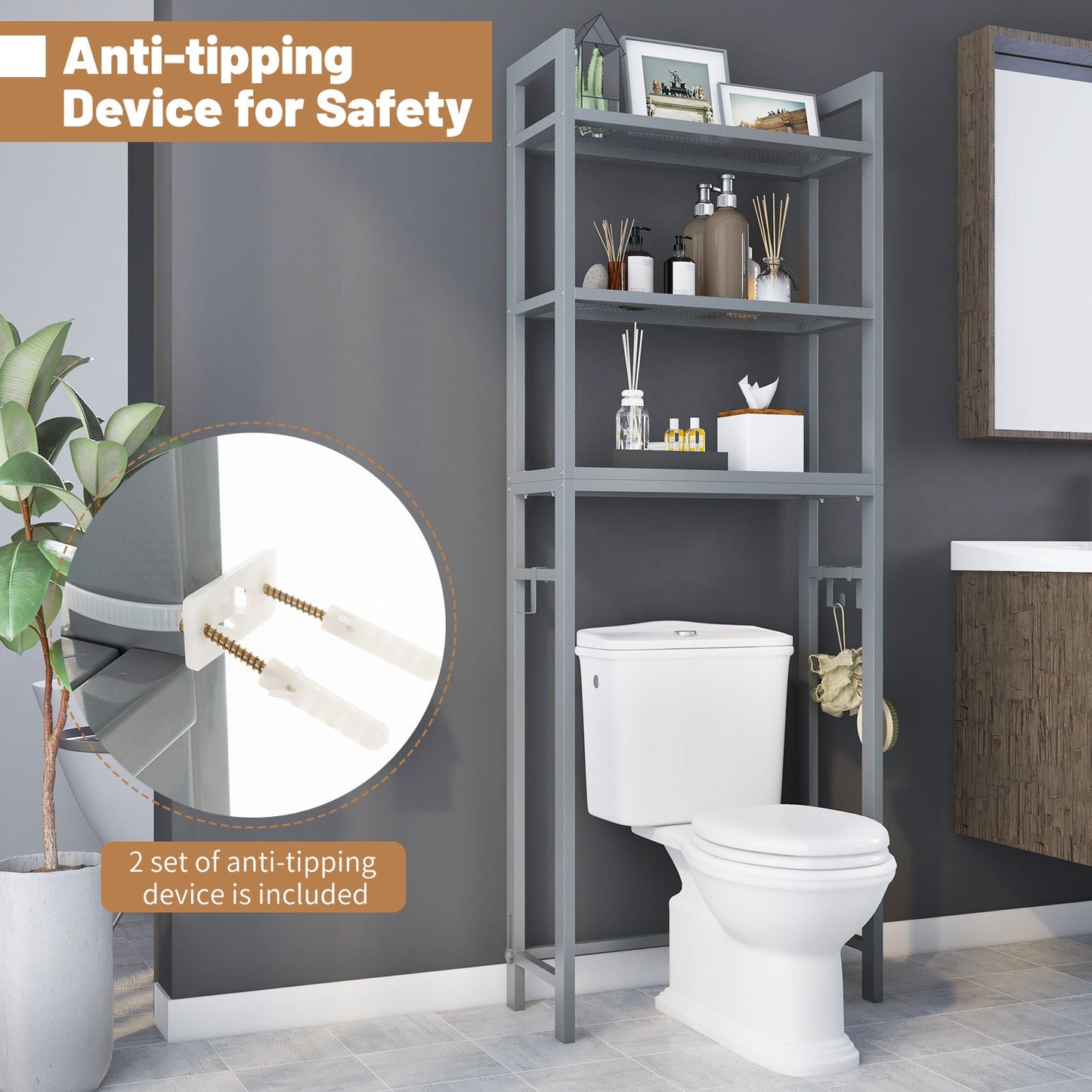 Over Toilet Storage Shelf | Gray Metal Bathroom Organizer with Hooks & 3 Tiers