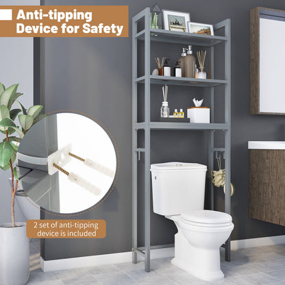 Over Toilet Storage Shelf | Gray Metal Bathroom Organizer with Hooks & 3 Tiers