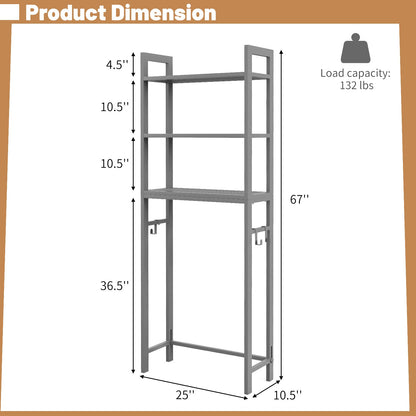 Over Toilet Storage Shelf | Gray Metal Bathroom Organizer with Hooks & 3 Tiers